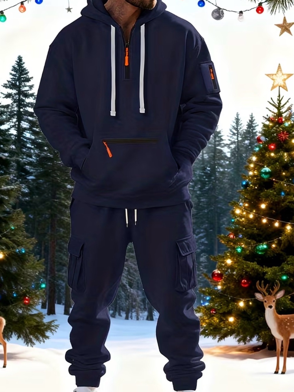 Men's Navy Hoodie & Cargo Joggers Set with Orange Zippers